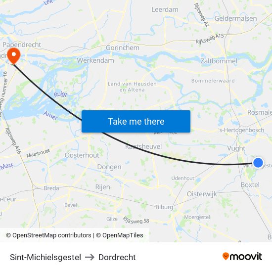 Sint-Michielsgestel to Dordrecht map