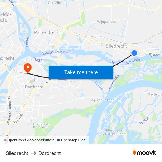 Sliedrecht to Dordrecht map