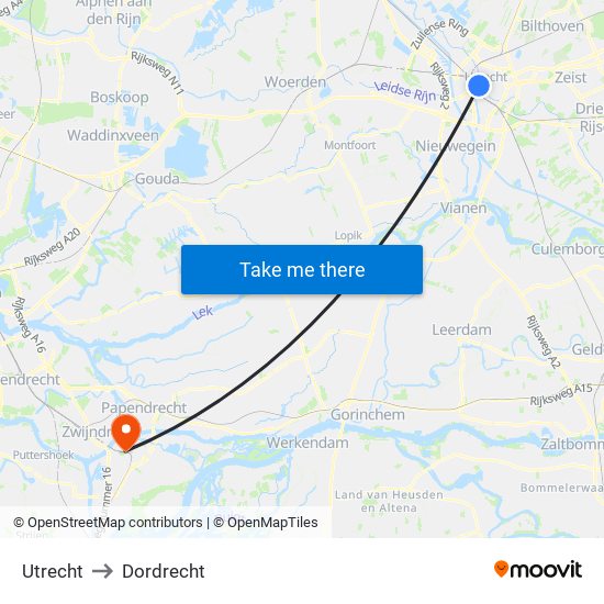 Utrecht to Dordrecht map