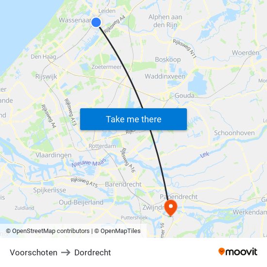Voorschoten to Dordrecht map
