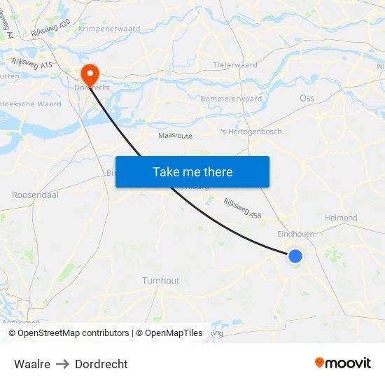Waalre to Dordrecht map