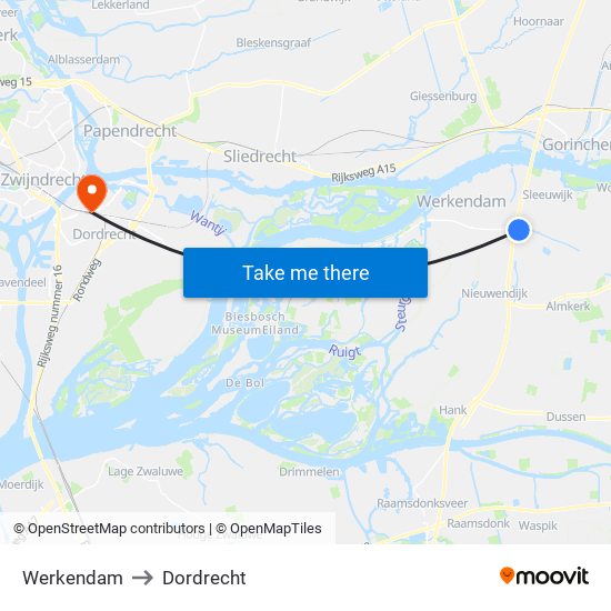 Werkendam to Dordrecht map