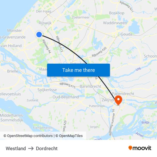 Westland to Dordrecht map