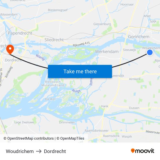 Woudrichem to Dordrecht map