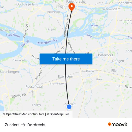 Zundert to Dordrecht map