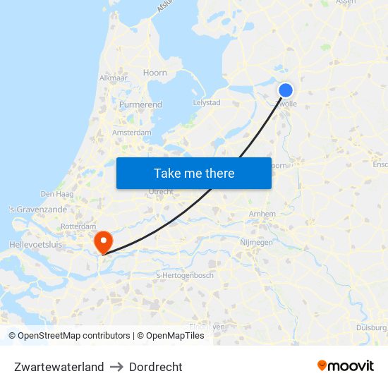 Zwartewaterland to Dordrecht map