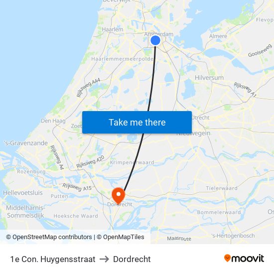 1e Con. Huygensstraat to Dordrecht map