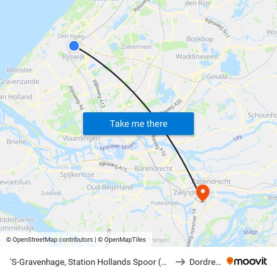 'S-Gravenhage, Station Hollands Spoor (Perron A) to Dordrecht map