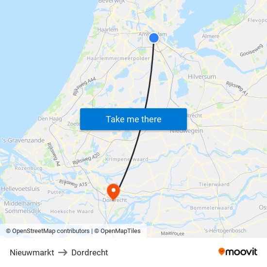 Nieuwmarkt to Dordrecht map