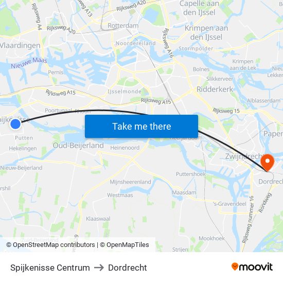 Spijkenisse Centrum to Dordrecht map