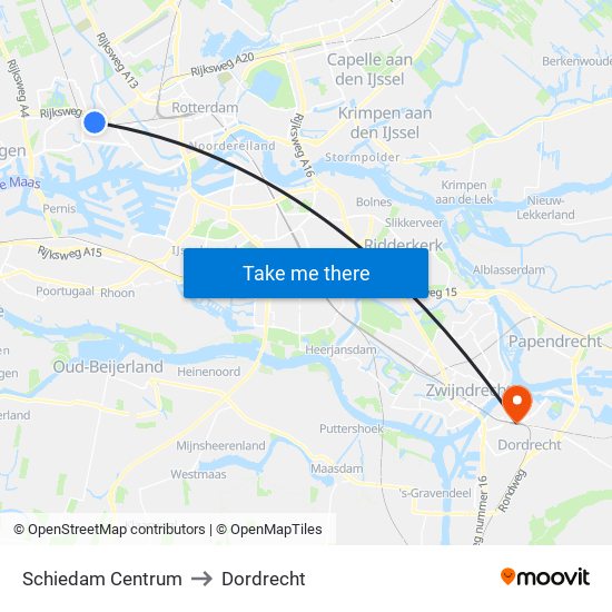 Schiedam Centrum to Dordrecht map