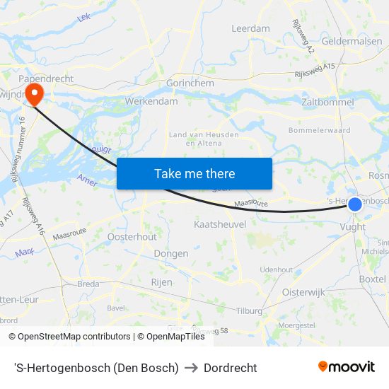 'S-Hertogenbosch (Den Bosch) to Dordrecht map
