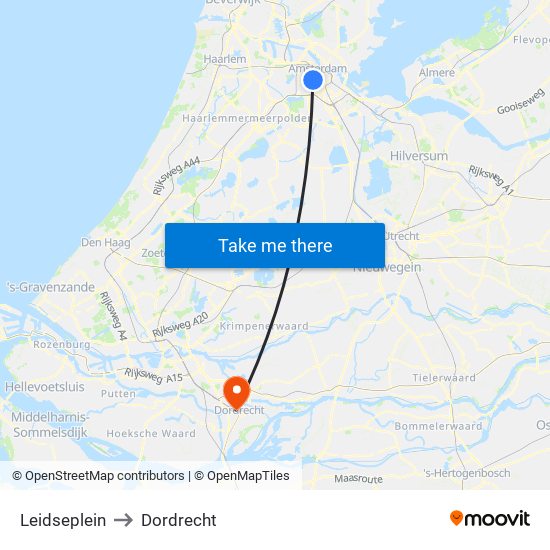Leidseplein to Dordrecht map