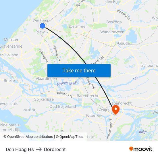 Den Haag Hs to Dordrecht map