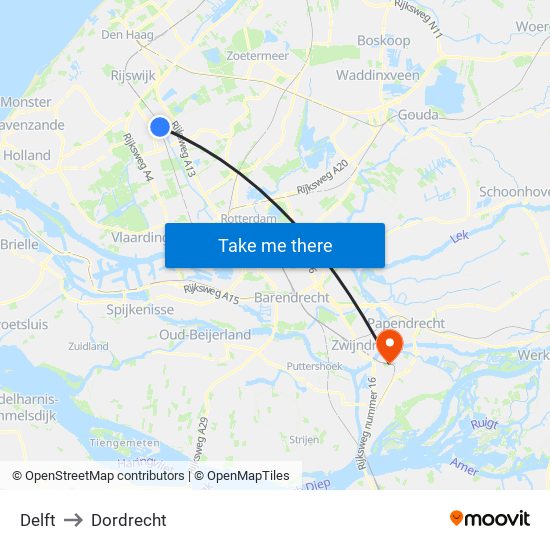 Delft to Dordrecht map