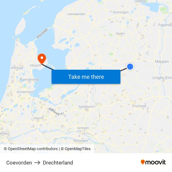 Coevorden to Drechterland map