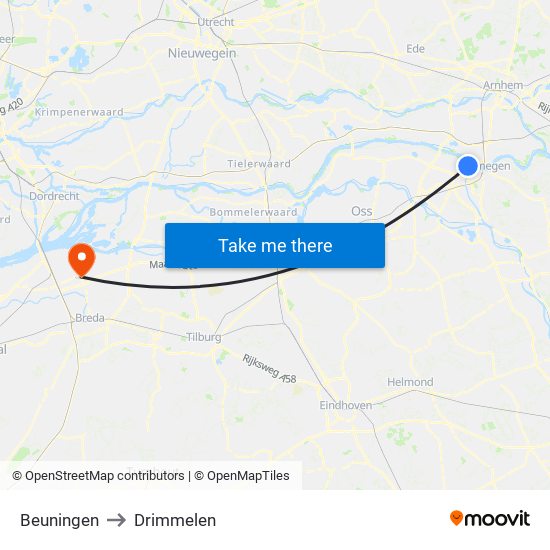 Beuningen to Drimmelen map