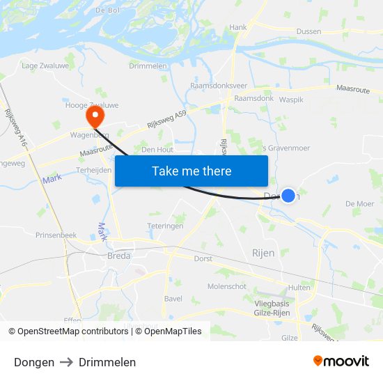 Dongen to Drimmelen map