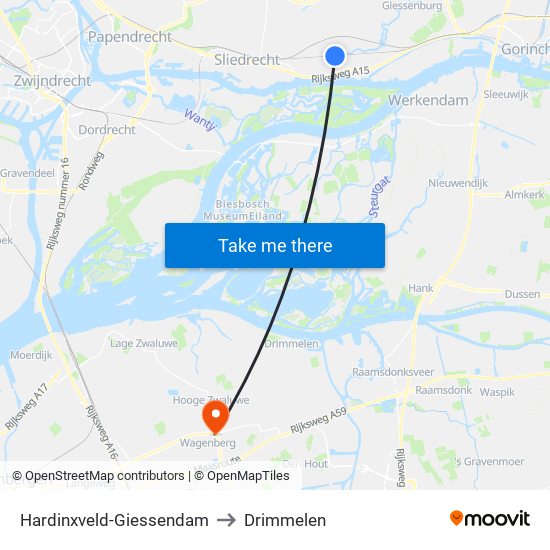 Hardinxveld-Giessendam to Drimmelen map