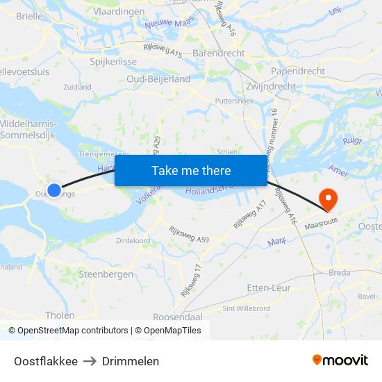 Oostflakkee to Drimmelen map