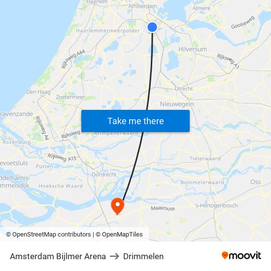 Amsterdam Bijlmer Arena to Drimmelen map