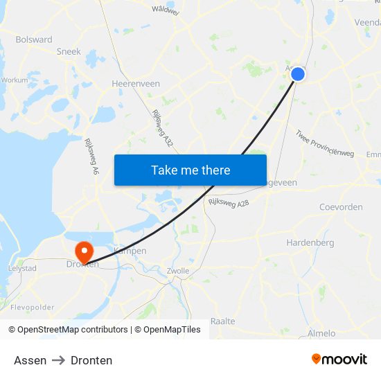 Assen to Dronten map