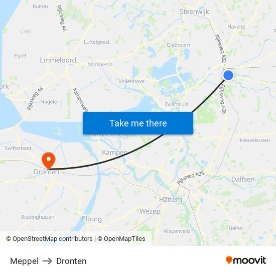 Meppel to Dronten map