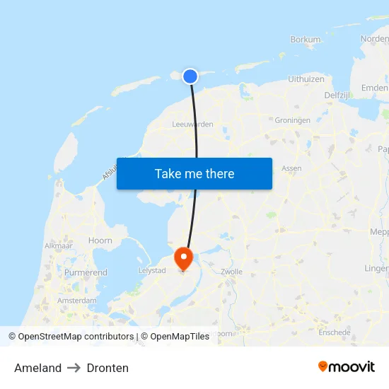 Ameland to Dronten map