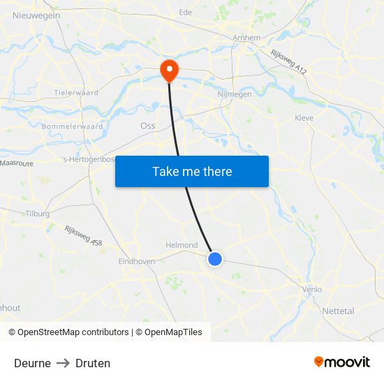 Deurne to Druten map