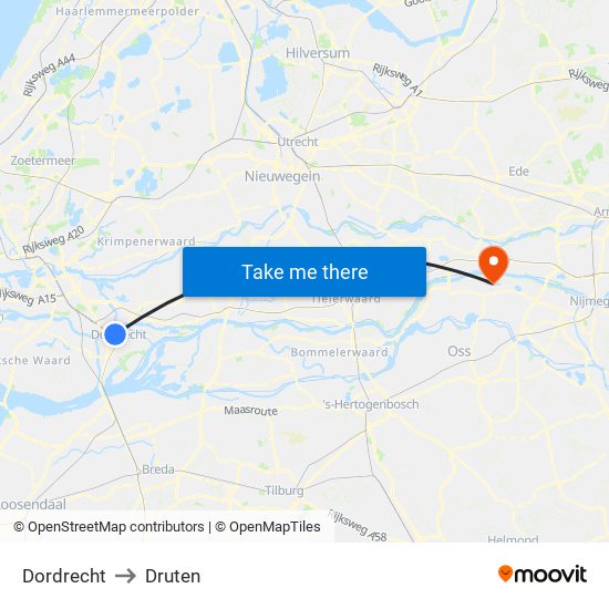 Dordrecht to Druten map