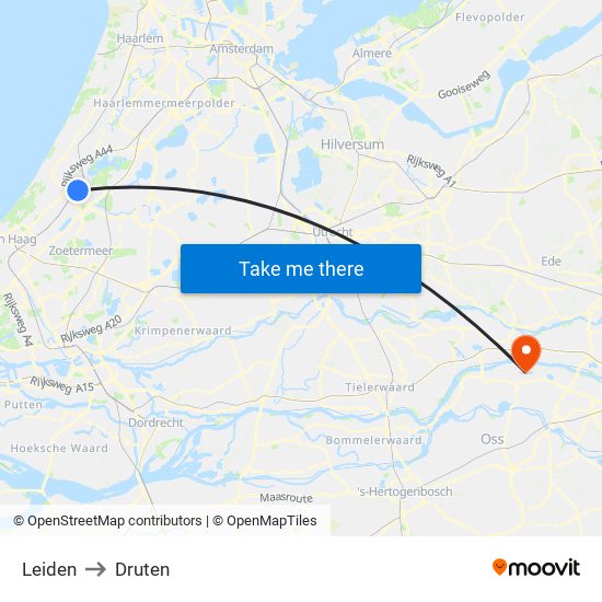 Leiden to Druten map