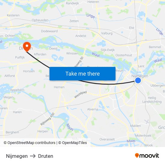 Nijmegen to Druten map