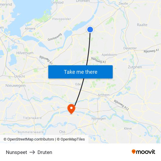 Nunspeet to Druten map