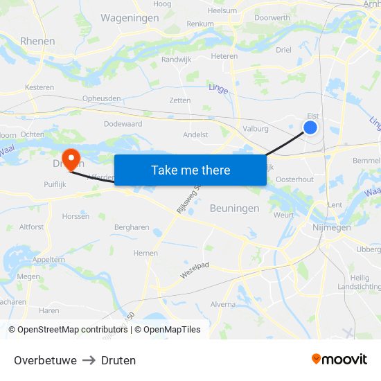 Overbetuwe to Druten map
