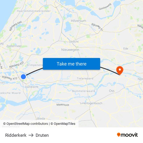 Ridderkerk to Druten map