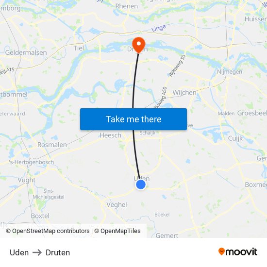 Uden to Druten map