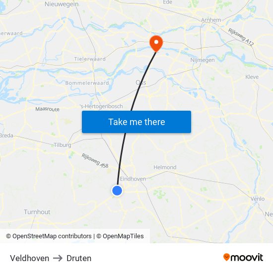 Veldhoven to Druten map