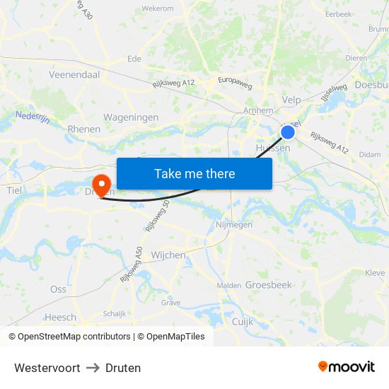 Westervoort to Druten map