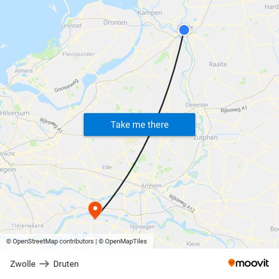 Zwolle to Druten map