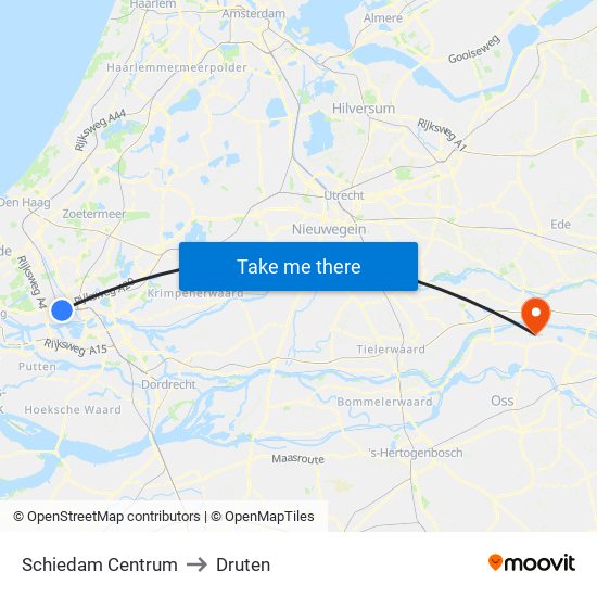Schiedam Centrum to Druten map