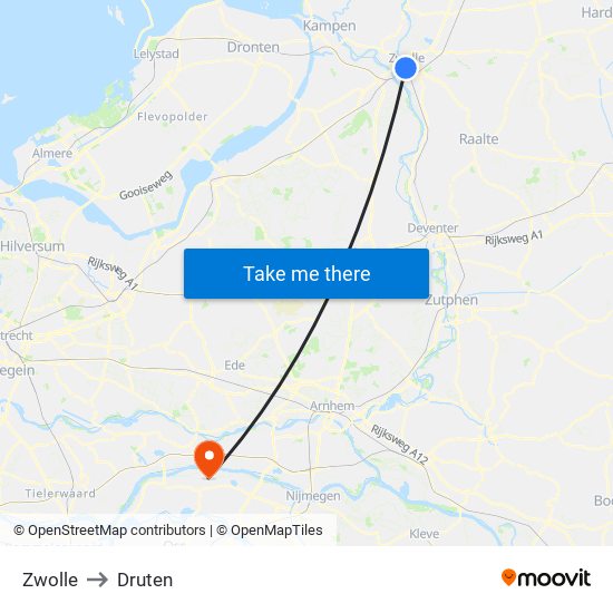 Zwolle to Druten map