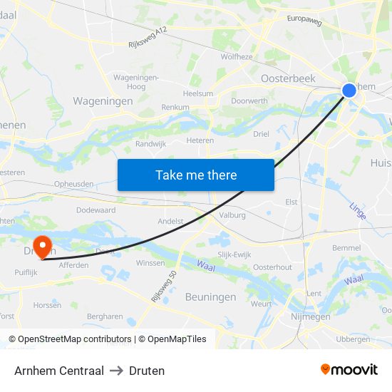 Arnhem Centraal to Druten map