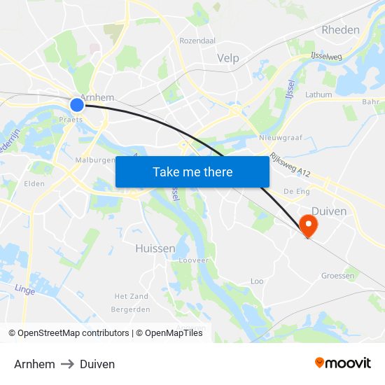 Arnhem to Duiven map