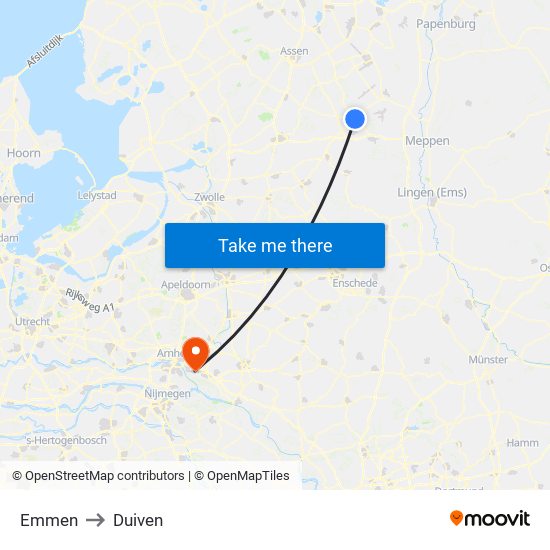 Emmen to Duiven map