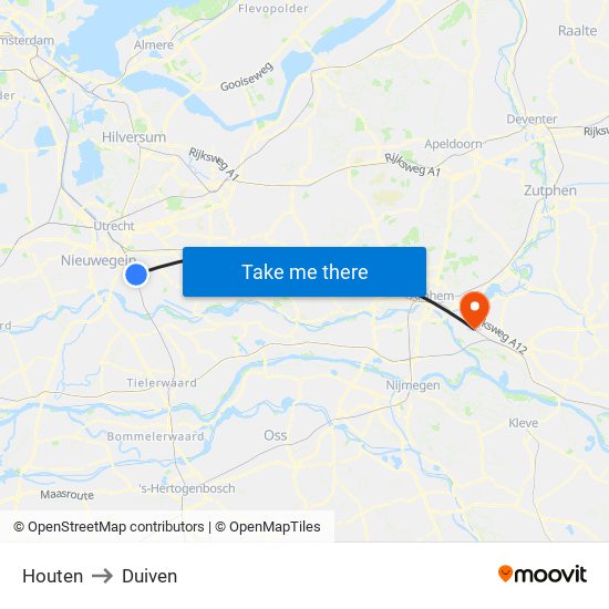 Houten to Duiven map
