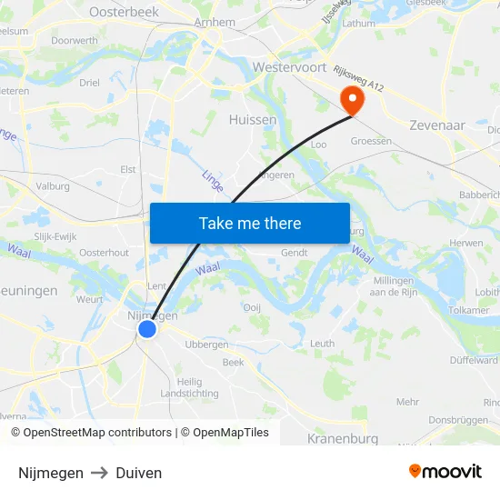 Nijmegen to Duiven map