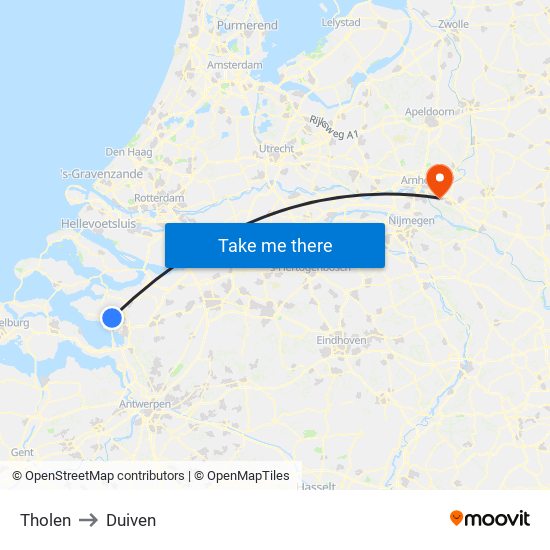 Tholen to Duiven map