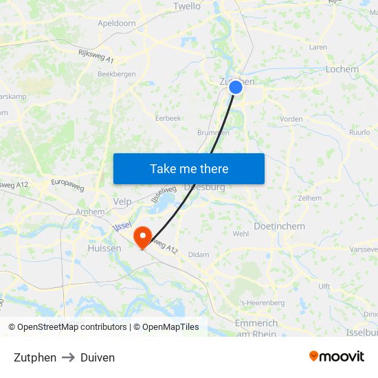 Zutphen to Duiven map