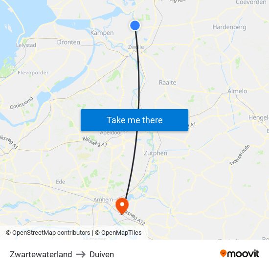 Zwartewaterland to Duiven map