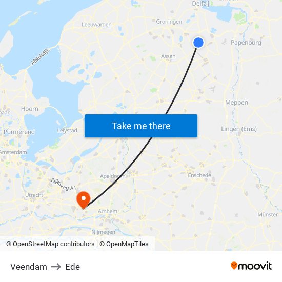 Veendam to Ede map